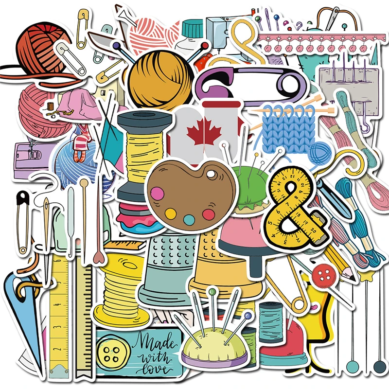 

50Pcs Cartoon Sewing Machine Stickers Sewing Tools Ruler Scissors Suitcase Skateboard Graffiti Laptop Luggage Graffiti Stickers