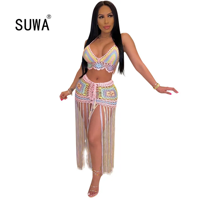 

Женский костюм-двойка с юбкой, разноцветный пикантный топ с глубоким v-образным вырезом и юбка с бахромой в стиле пэчворк для клувечерние