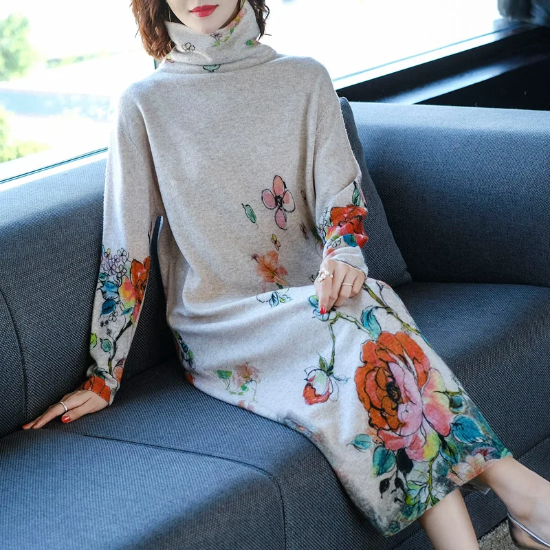 Осень-зима 2019 винтажное женское кашемировое платье-свитер с высоким воротом и