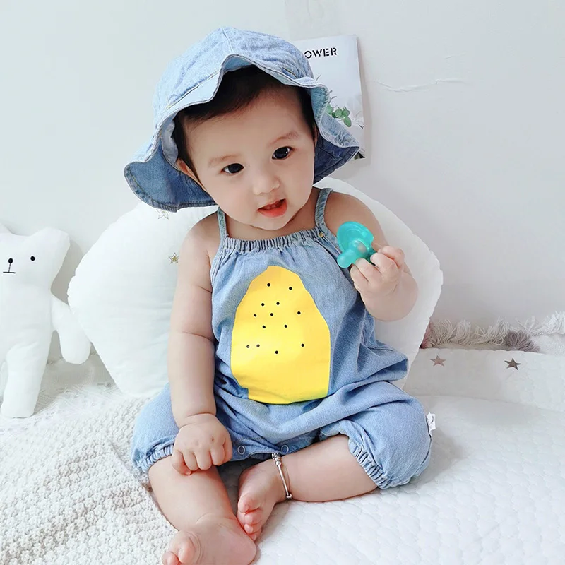 Летний детский комбинезон с шапкой джинсовая детская одежда хлопковый для