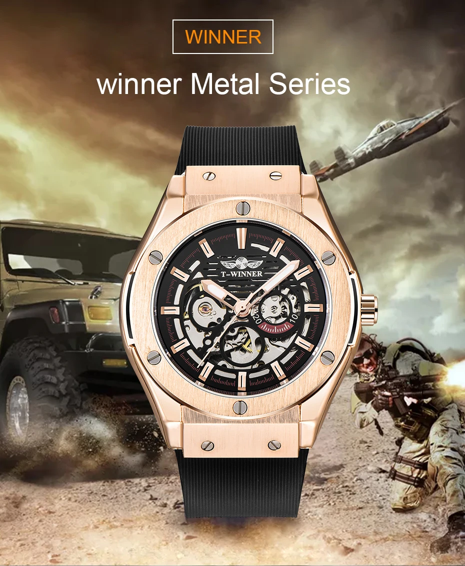 WINNER военные мужские часы роскошный Скелет циферблат резиновый ремешок автоматические часы чехол из розового золота модные спортивные наручные часы большого размера
