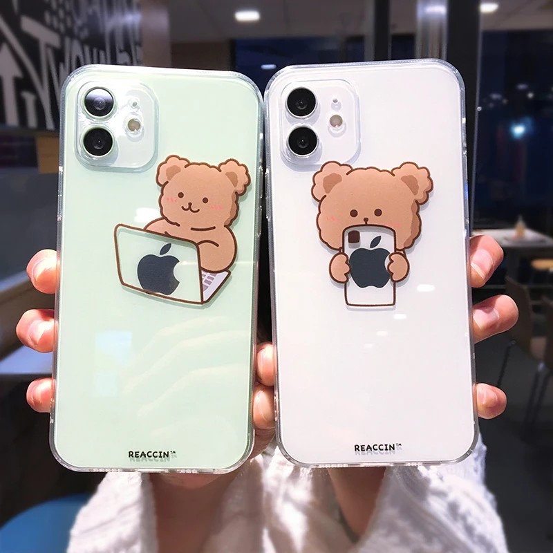 

Creative Cute Cartoon Bear Clear Phone Case For iPhone 13 Pro Max 12 Mini 11 X XS XR 7 8 Plus Couple Transparent Soft Back Cover