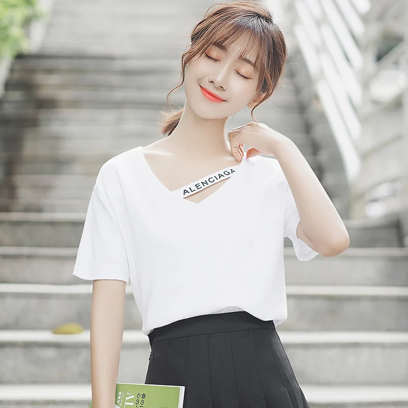 

Chic Khaki Summer 2020 New Letter in White T-shirt Women's Short Sleeve Loose Student Scheming V-neck Hollow 100% Cotton Coat