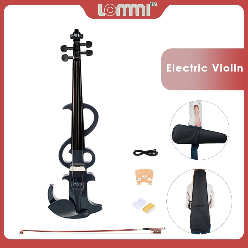 

LOMMI Black Electric Violin 4/4 Full Size Silent Violin Solid Wood With Violin Case+ Bow+Rosin+Bridge+Audio Cable Student Violin