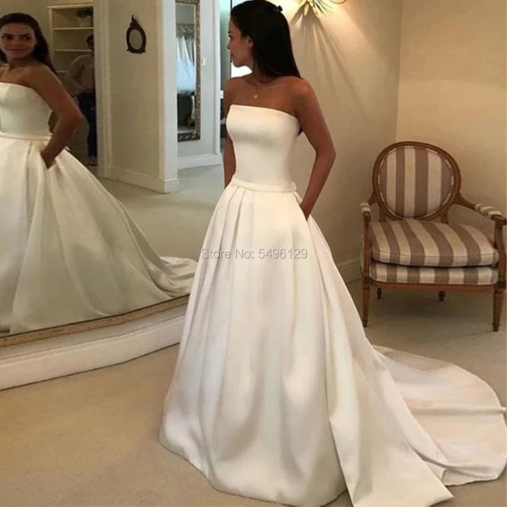 

Elegant Simple Strapless Sleeveless Wedding Dresses A Line Satin Bridal Dress with Pockets White Sleeveless Bride Vestido Noiva