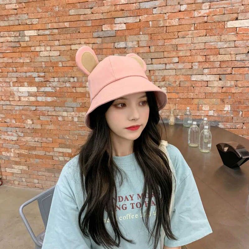

Korean Lovely Color Matching Ear Bucket Hat Spring Summer Brand Japanese Wide Brim Cotton Cap For Women Folding
