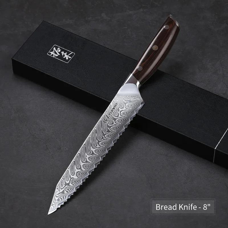 Bread Knife TURWHO 8,2 дюймовый нож шеф-повара, японский дамасский стальной кухонный нож, профессиональный нож из нержавеющей стали, нож для нарезки мяса, ручка из черного дерева - Цвет: Bread Knife