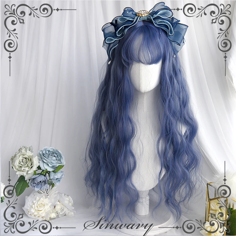 

Harajuku lolita blue water corrugated wig blue purple air bangs long curls