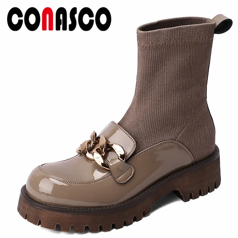 

CONASCO Lovely Women Ankle Boots Autumn Winter Warm Cow Leather Causal Party Prom Shoes Concise Metal Decoration Boots Woman
