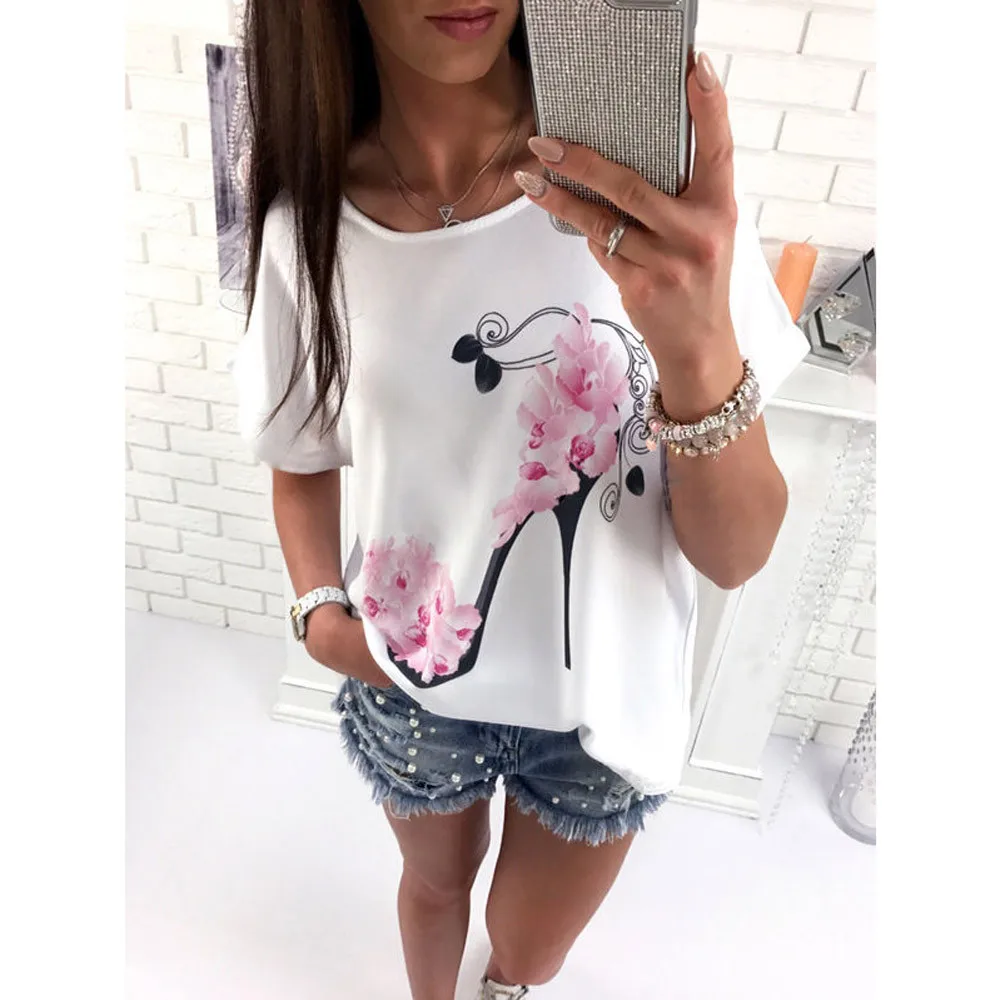 

Women High Heels Printed T Shirt Tops Street Fashion Summer Short Sleeve Beach Casual Loose Top O-Neck Casual Plus Size 3XL
