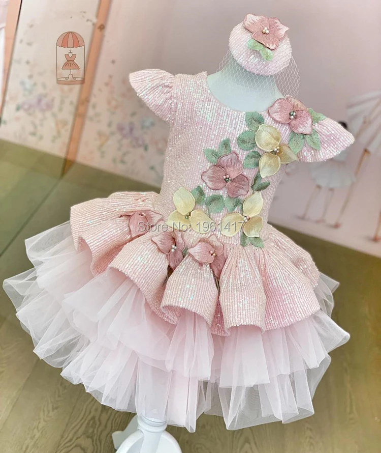 

Flower Girls Dress Birthday Banquet Dress Elegant Girls Bling Bling Appliques Dress Custom Made Size 2 4 5 6 8