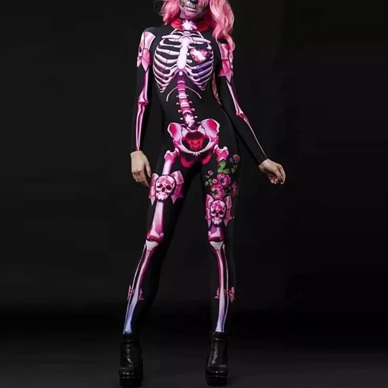

Halloween Skull Skeleton Print Jumpsuit Women Retro Turtleneck Long Sleeve Female Overalls Spring Autumn One Piece Rompers Mujer