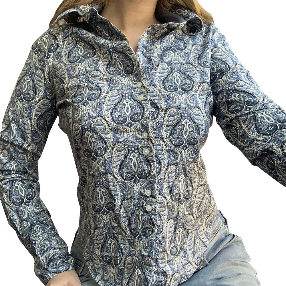 

Женская трикотажная футболка на пуговицах, Повседневная Винтажная футболка с длинным рукавом и отложным воротником, с принтом в стиле ретр...