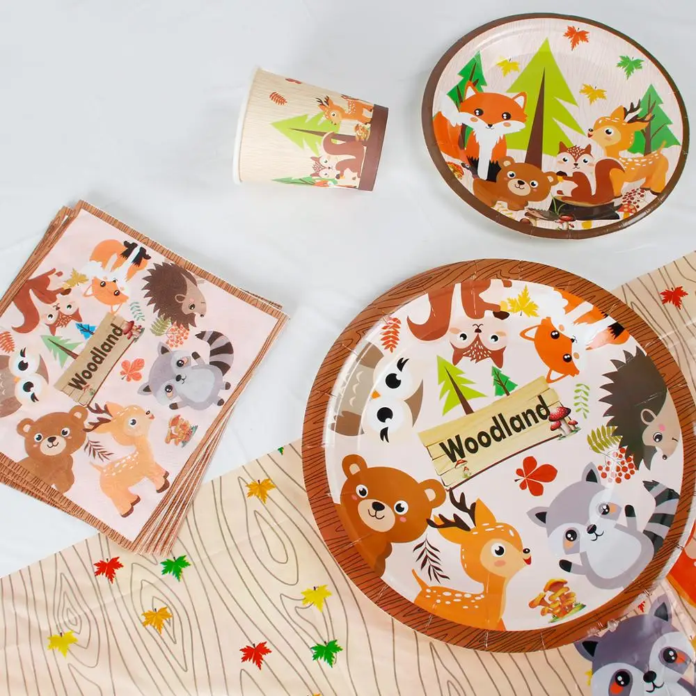 QIFU тематика леса вечерние одноразовые столовые приборы бумажные тарелки и
