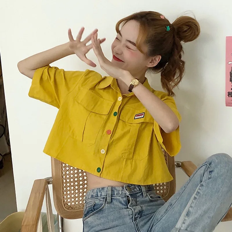

Rainbow Buttons Shirt Tops Summer Short Sleeve Women Shirts Crop Top Preppy Style Women Turn-down Collar Blouses