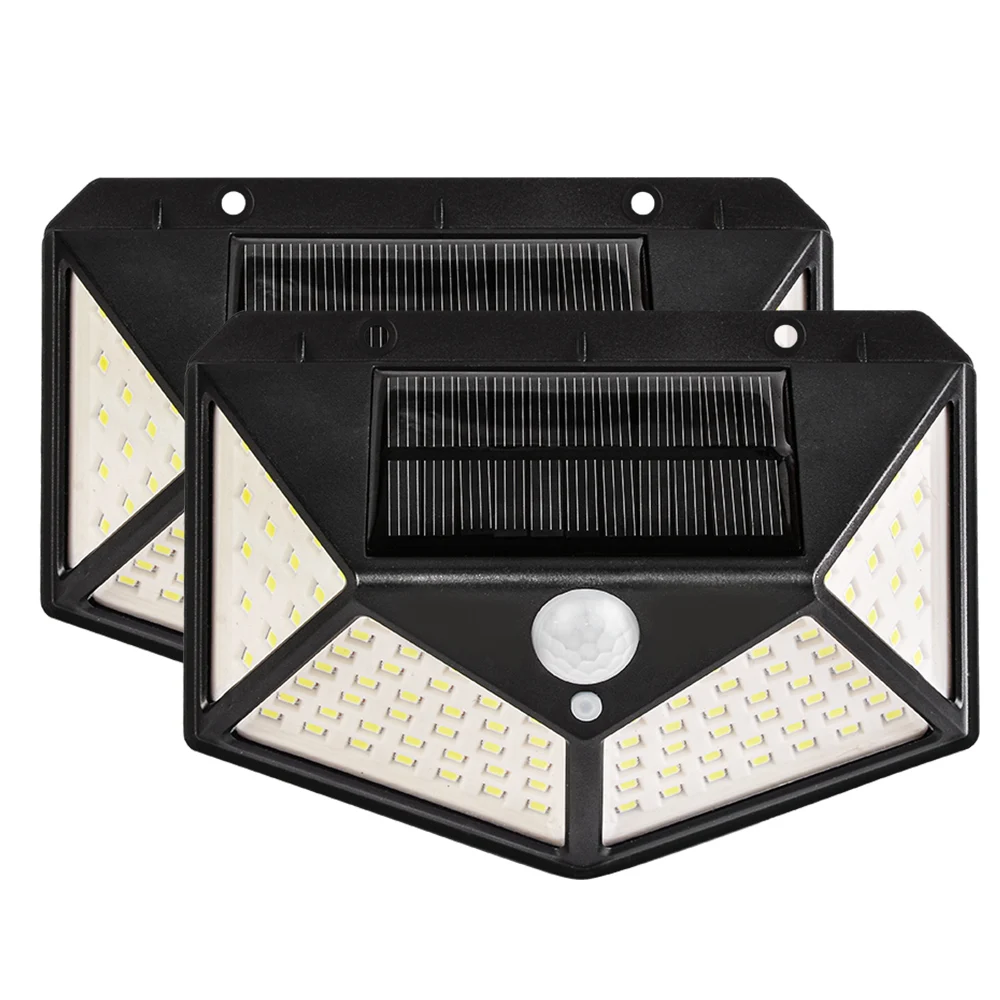 2pcs 100 LED 100 светодиодный четырехсторонний светильник на солнечной энергии, 3 режима, угол 270 градусов, датчик движения, настенный светильник, наружные водонепроницаемые садовые лампы - Испускаемый цвет: 2pcs 100 LED