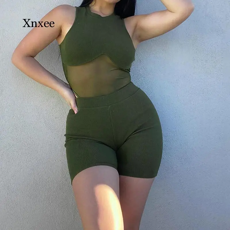 

2021 New Style Fashion Sexy Sets for Women Solid Color Sleeveless Mesh Patchwork See-Though Bodysuit and Hip Support Shorts