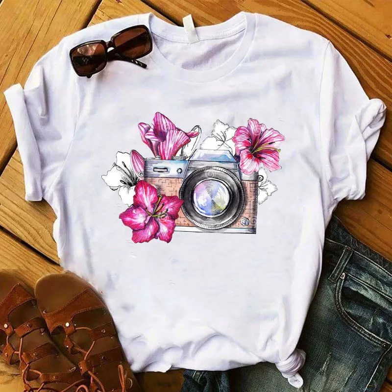 

Women T Womens Graphic Camera Flower Vintage Fashion Summer Cute Printed Top Tshirt Female Tee Shirt Ladies Clothes T-shirt