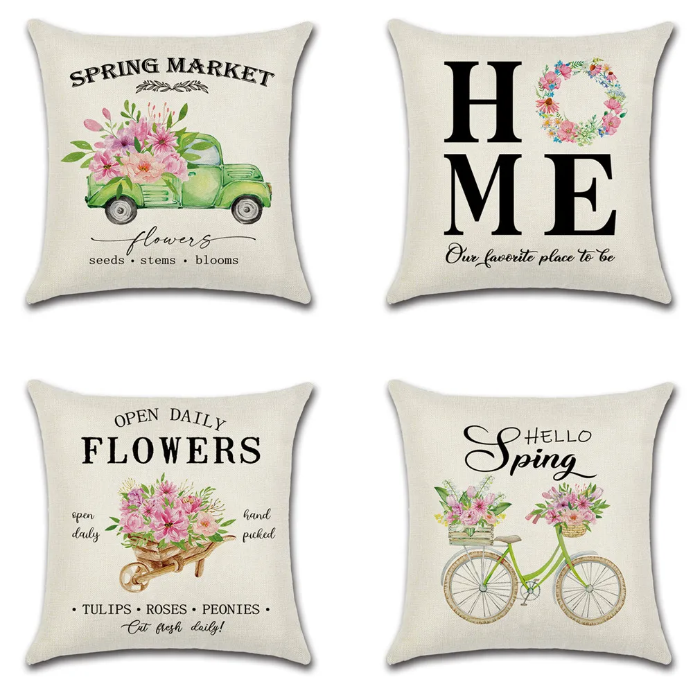 Spring Farm Market Cushion Cover Pink Rose Flower Bicycle Linen Pillowcase Home Sofa Decor Truck Garden Rural Country Pillowcase