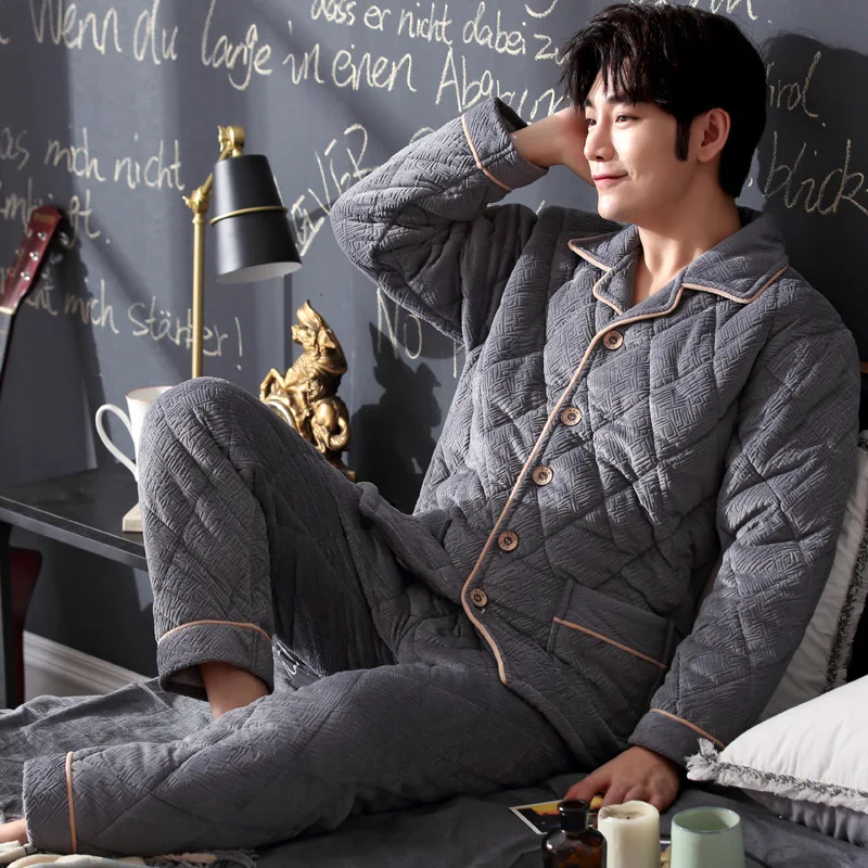 Pajamas with Cotton Men's Winter Thickened Beibei Plush, Three-layer Plush, Cotton Padded Jacket, Flannel Household Suit