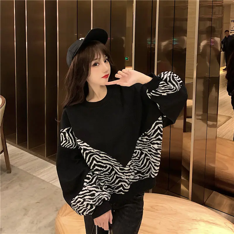 

Women Thick Zebra Print Sweatshirt Plus Size Round Neck Patchwork Hoodie Autumn Oversize Loose Casual Pullover