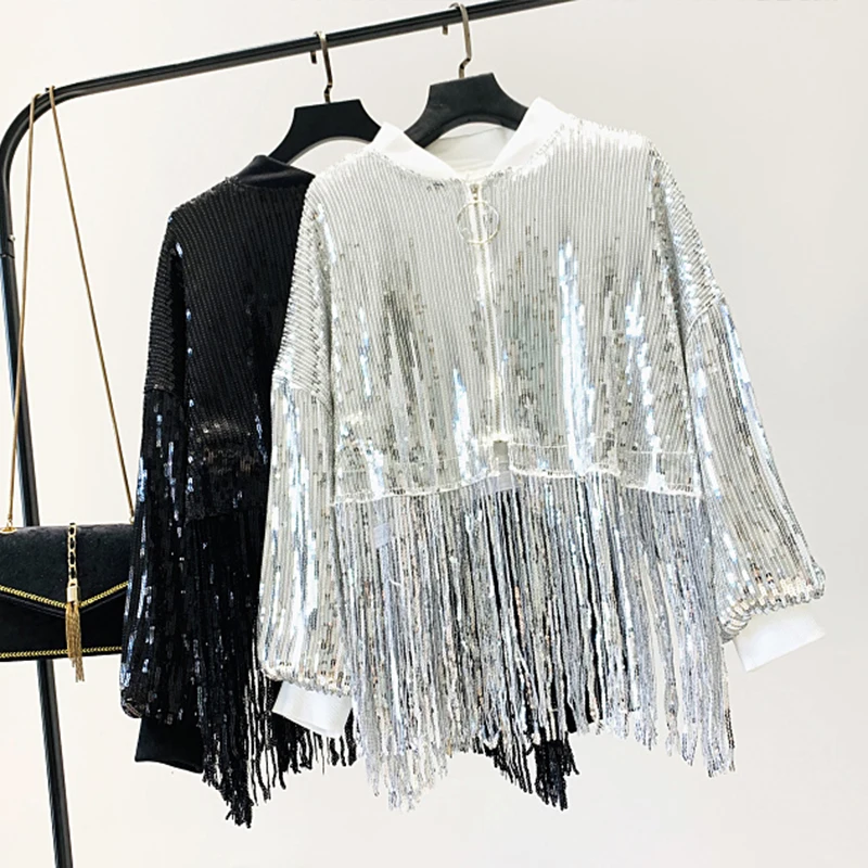 Женская Весенняя уличная одежда Chaquetas серебристая куртка с блестками женский