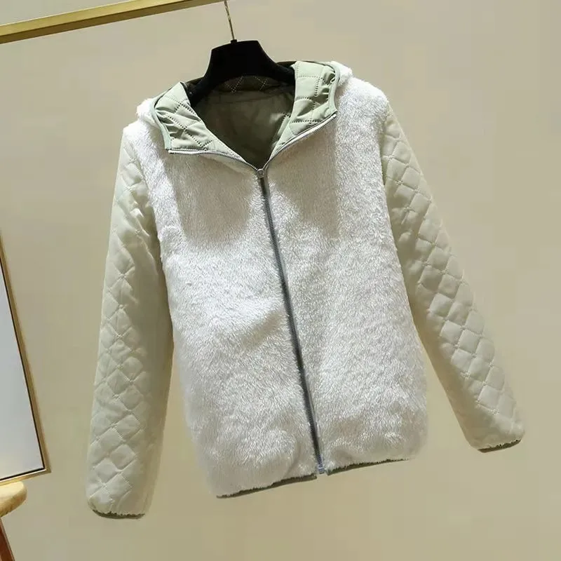 Winter Parker Cotton Clothes Female Solid Color Hooded Zipper Long Sleeve Pocket Thicken Warm Coat Simple Commuter Jacket ZM356
