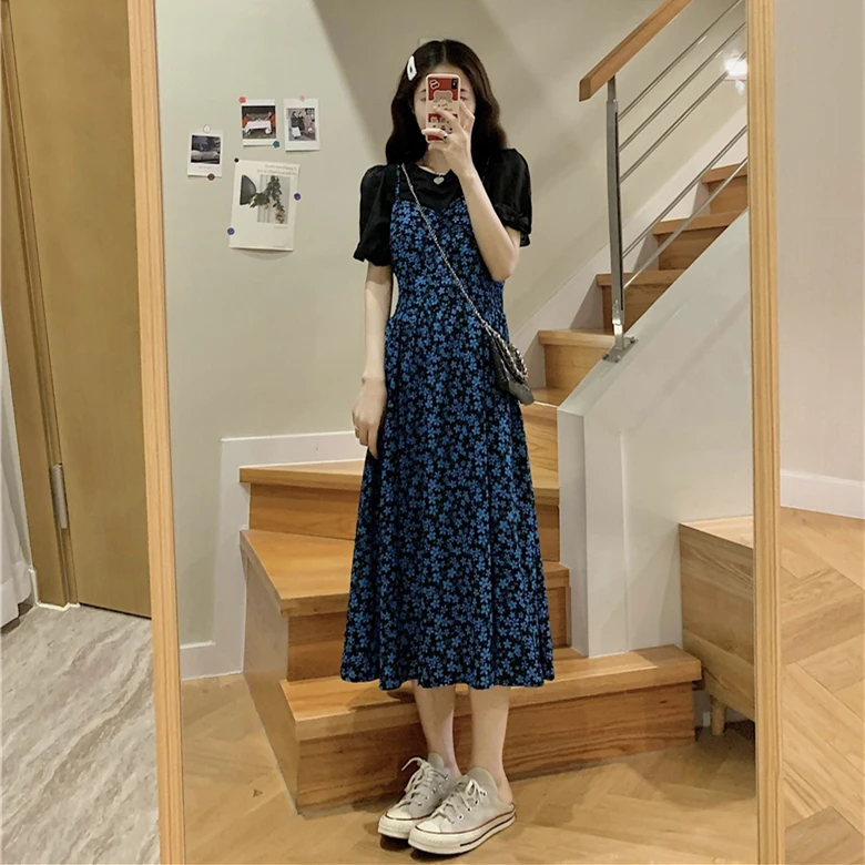 

Летний комплект из двух предметов в стиле Харадзюку, черная блузка с сетчатым рукавом и милое платье на бретелях с цветочным принтом, костюм...