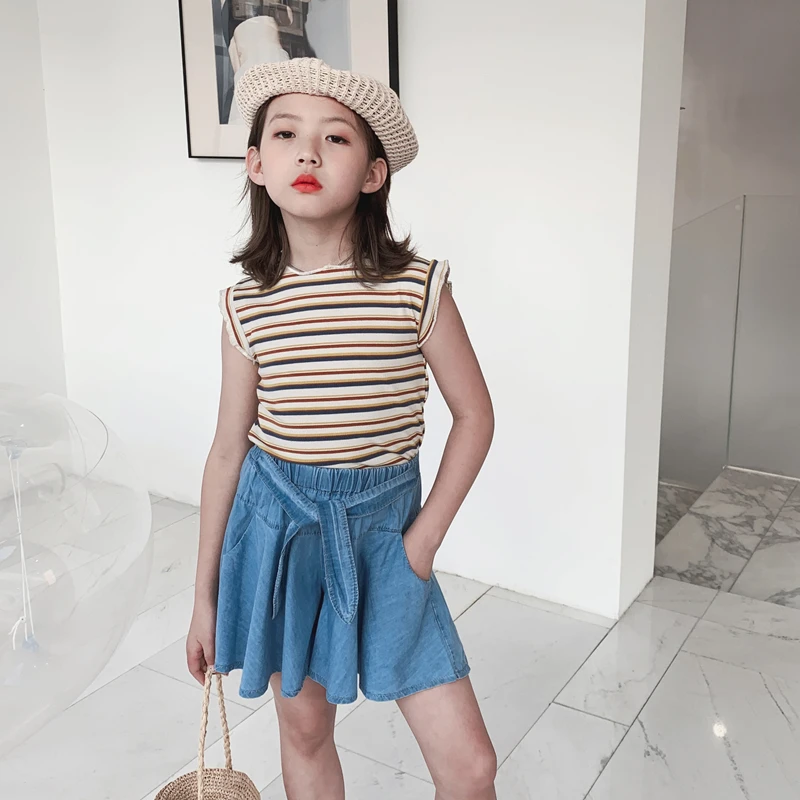 Одежда для девочек цветная стрейчевая облегающая футболка в полоску джинсовые