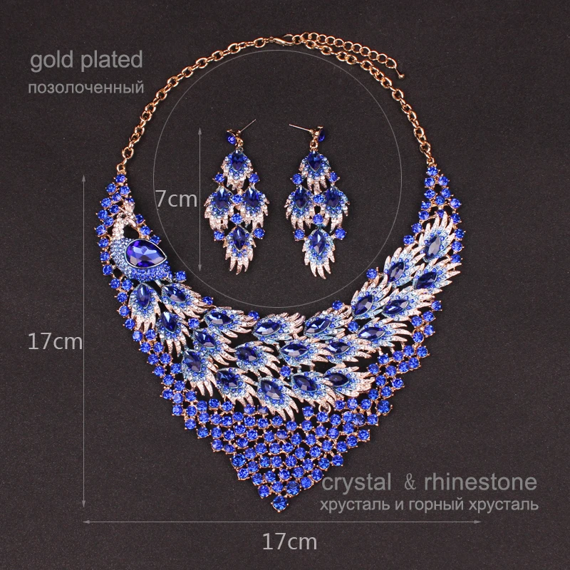Роскошные большие синие ожерелье серьги наборы павлиний хвост ювелирные изделия