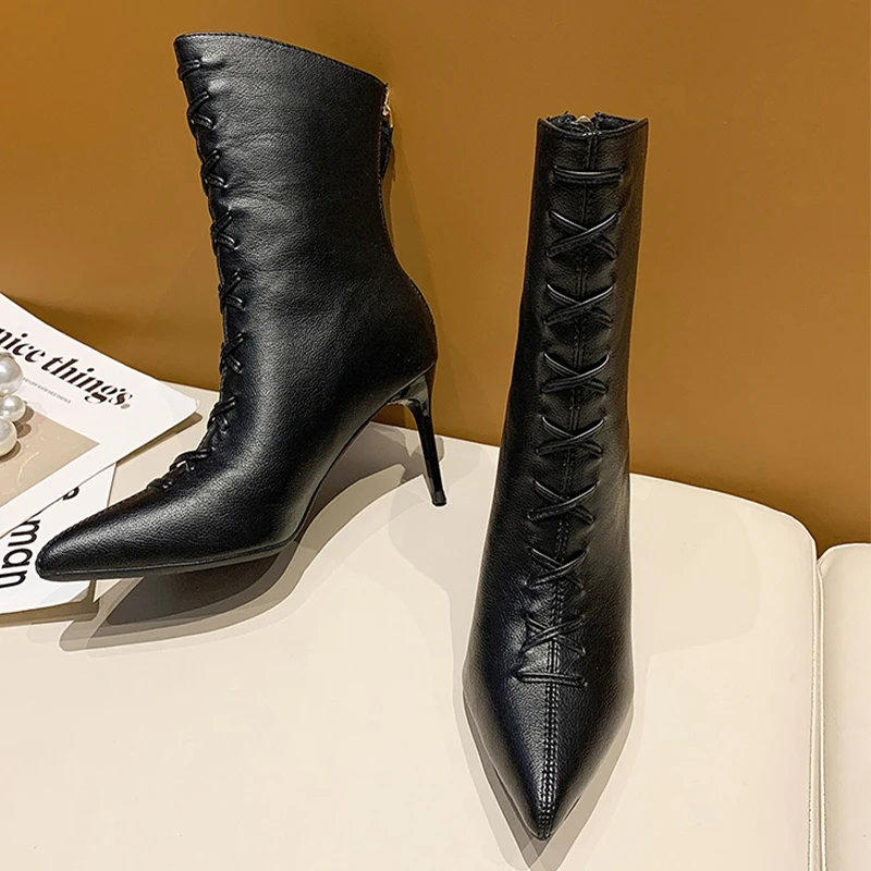 

Новинка 2022, зимняя обувь на высоком каблуке, женские теплые ботинки челси с острым носком на тонком каблуке, сапоги до середины икры, хлопков...