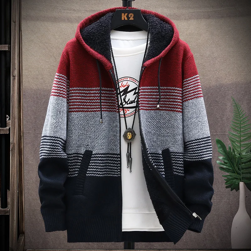 Men's Cardigan Hooded  Sweater Jumper with Zipper Knitwear Fashion Striped Fleece Wool Autumn/Winter Thick Warm Coat Cold Blouse