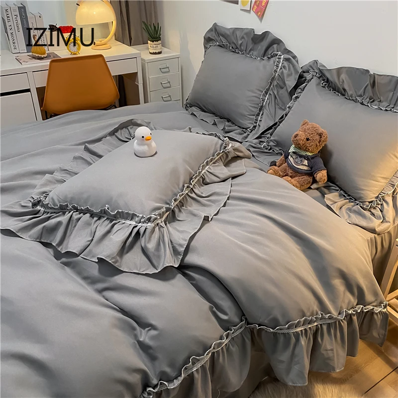 

IZIMU Европейское серое Комплект постельного белья с двойными плиссированными рукавами кружевное пуховое одеяло, покрывало, постельные прин...