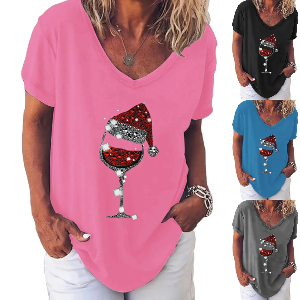 

T-shirt For Women Tops Harajuku Y2k Aesthetic Funny Graphic Print V Neck Short Sleeve Tees Top T Shirts New Year 2022 Christmas