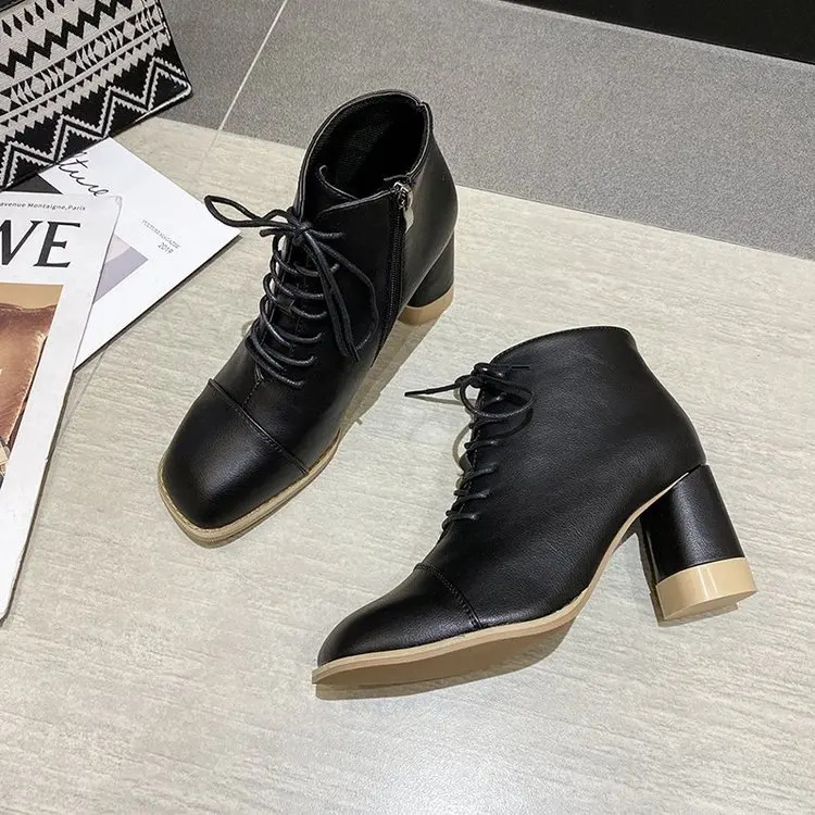 

Autumn Women Genuine Leather Wood High Heels Ladies Lace Up Pumps Female Square Toe Shoes