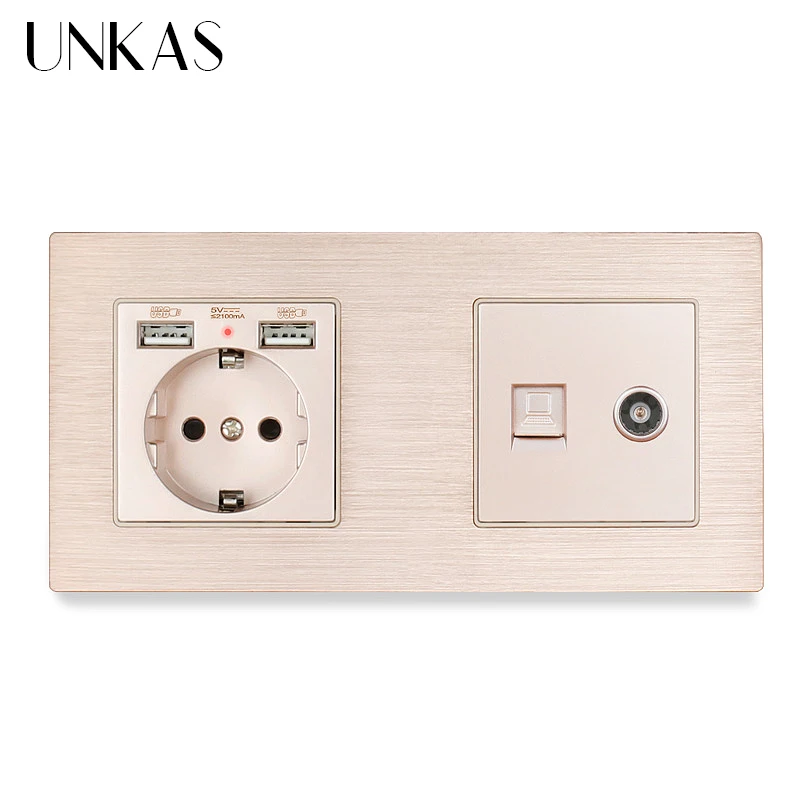 UNKAS Алюминий Панель Европейская розетка с Dual USB + RJ11 телефонное гнездо RJ45 данных