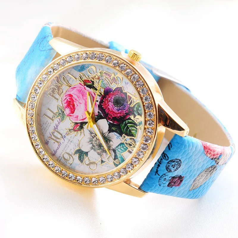 

Fashion peony flower gold diamond ladies watch printed strap strap watch