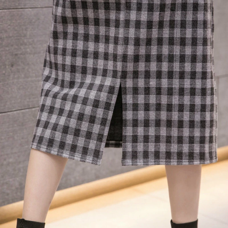 

Women Skirts A-Line Plaid Back-Slit Mid-calf Korean Style Elegant Vintage Office Casual All-match Streetwear Slim Comfortable