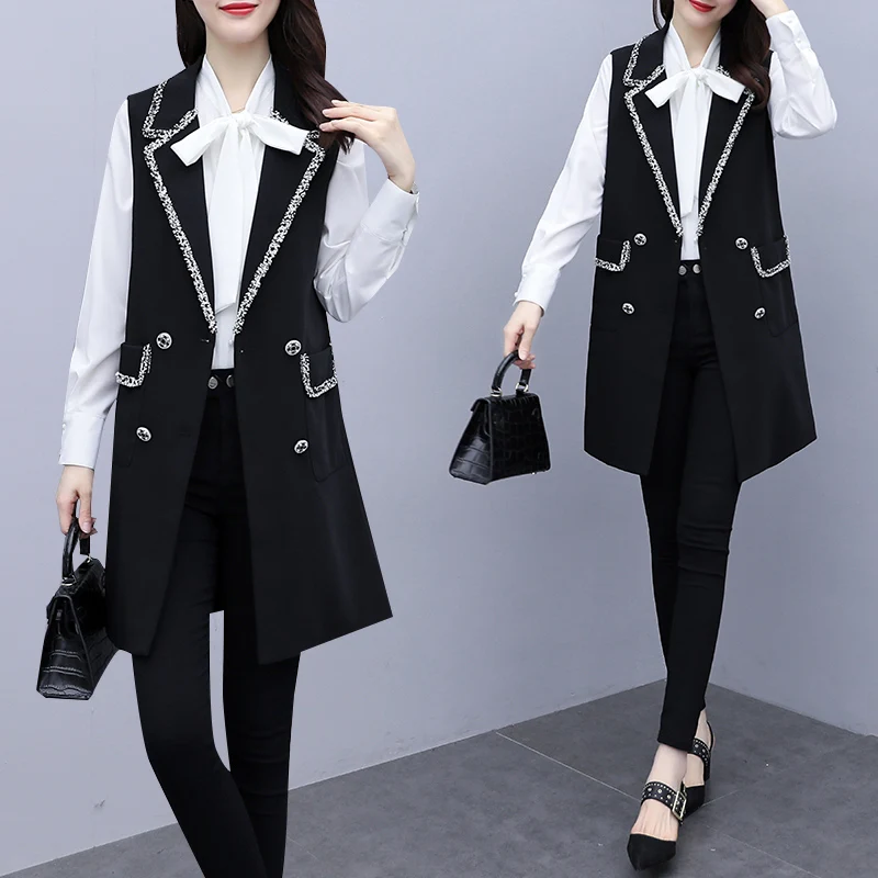 

M-3XL Autumn 2021 Women's Long Jackets British Style Fashion Double-breasted Sleeveless Vest Jacket Coat Black A4343