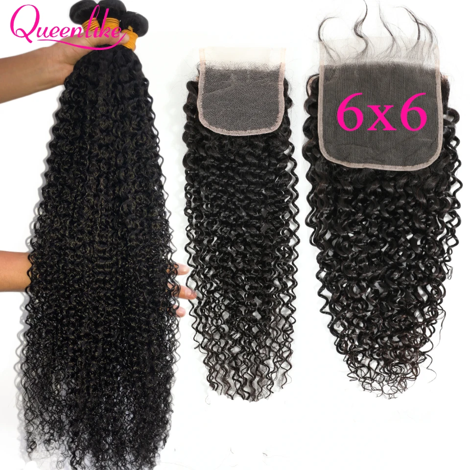 28 30 32 34 36 Malaysian Kinky Curly Hair With 6X6 Closure Hair Weave 3 Human Hair Bundles With Closure 6*6 Closure And Bundles