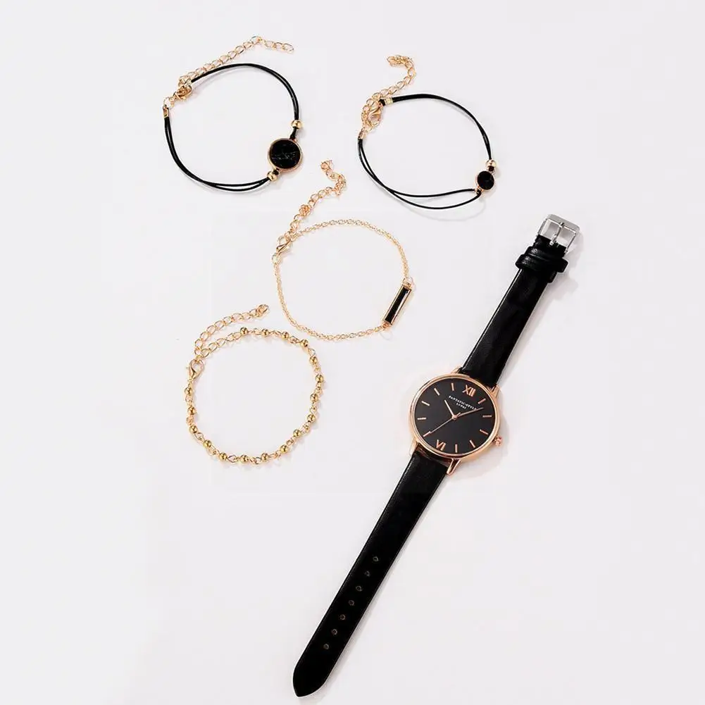 

5pcs Set Top Style Fashion Women's Luxury Leather Band Reloj WristWatch Women Quartz Analog Clock Black Watch Mujer Dress L X4S1