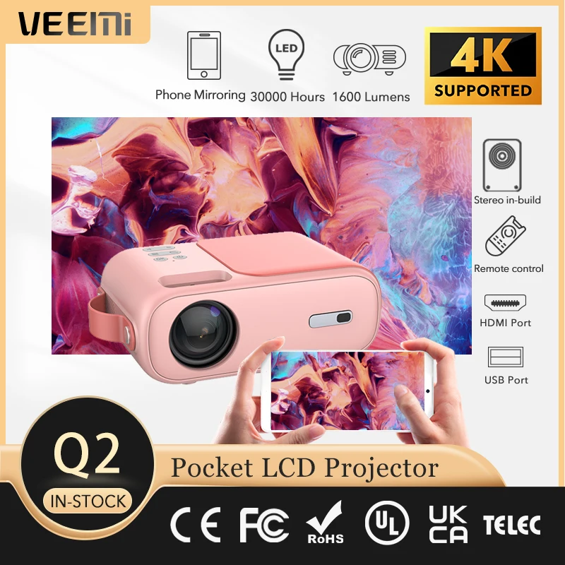 

VEEMI LED Q2 телефон беспроводной аналогичный экран версия HDMI-совместимый USB AV Мини проектор домашний медиа поддержка 4k видео плеер