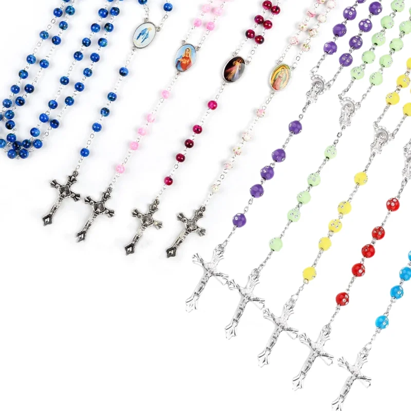 

29Styles Handmade Religion Cross Pendant Rosary Cross Pendant Necklace Glass Catholic Christian Choker Bead-Chain Prayer Jewelry