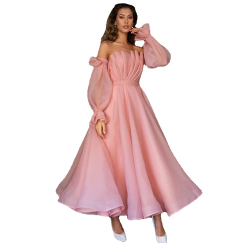 

New Solid Color Slim Birthday Dress for Women Slash Neck Strapless Lantern Sleeve Vintage Elegant Midi Evening Dresses Vestidos