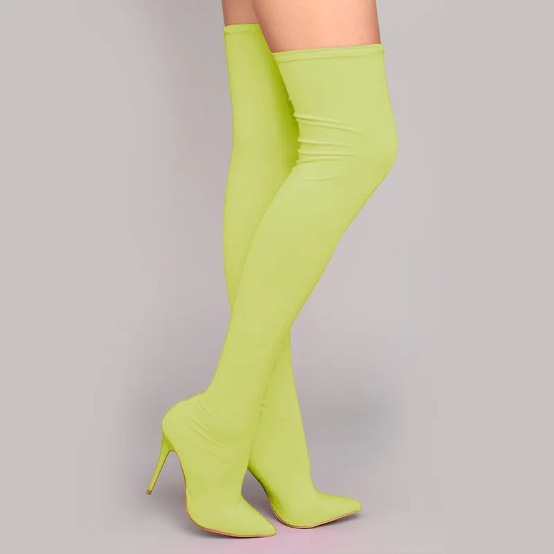 Neon Green Г. Новые пикантные Женские Сапоги выше колена на лето и осень неоновые тканевые носки на высоком каблуке с острым носком Клубная обувь для вечеринок - Цвет: Neon Green