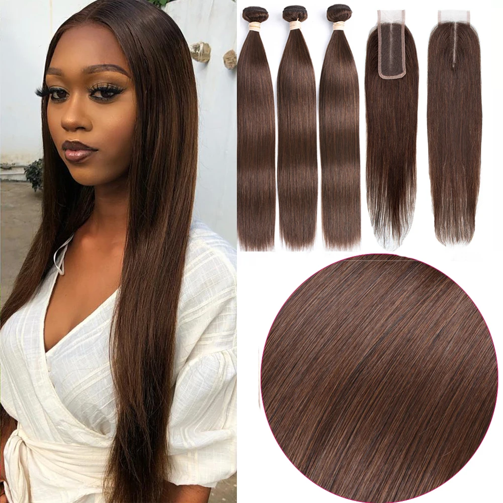 2# 4# Brown Straight Bundles With Closure Long 99J Color Weaves With 4x4 Lace Closure 30 32 34 Peruvian Human Hair Extensions