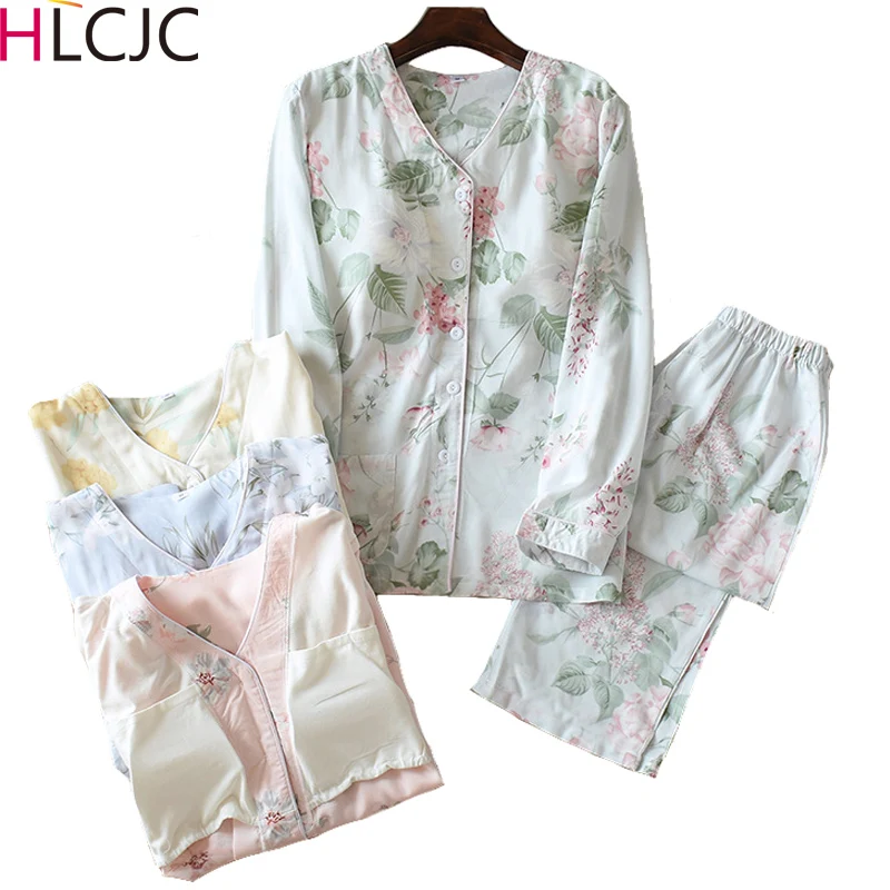 

2020 Fresh Flowers Summer Pajamas Sets Women Sleepwear Cozy Casual Long Sleeve Quality Pyjamas Women Homewear with Chest Pad NEW