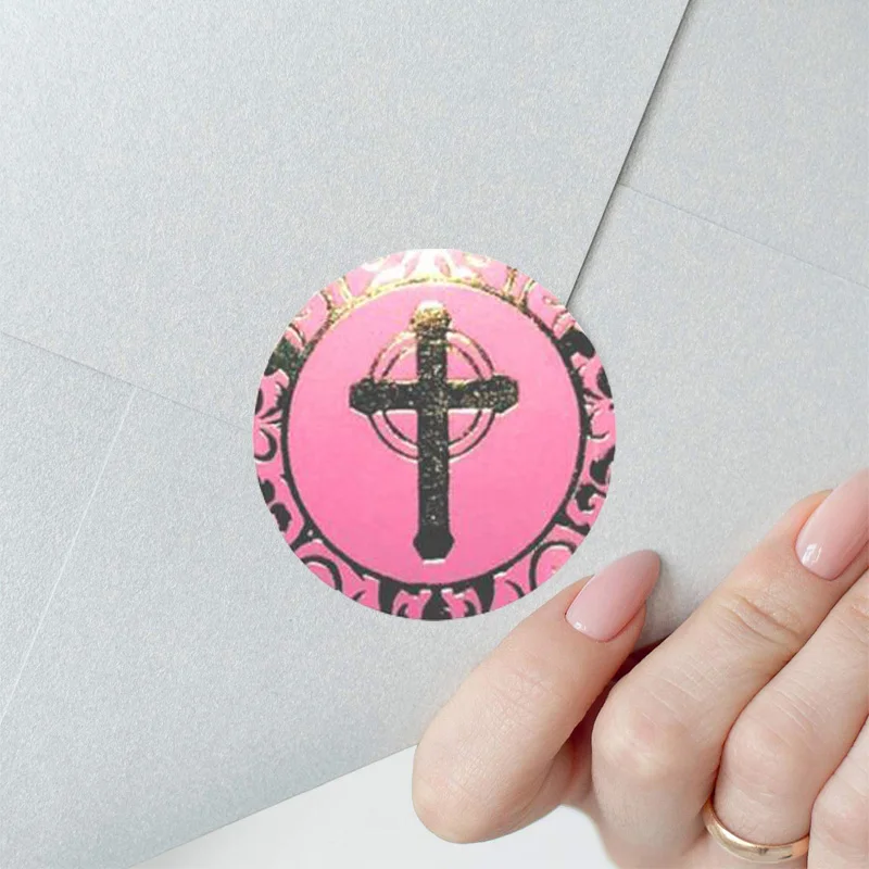 

Religion Christian Cross Stickers Golden Foil Round Labels pink stickers 500 lots Gift Sealing Stickers circle Design Stickers
