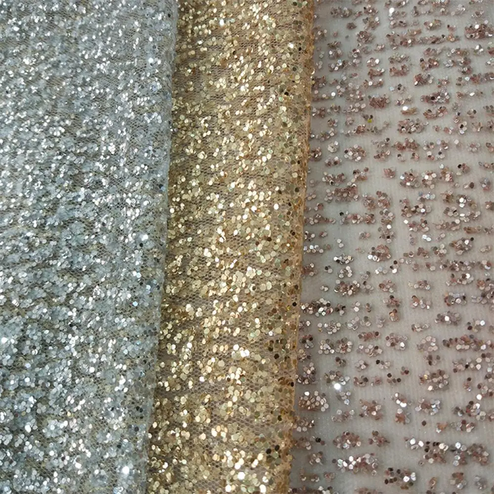 Ткань Тюлевая розовое золото с наклеенными блестками пробы 5 ярдов для вечернего