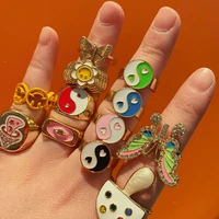 90s aesthetic candy color yin yang ring for women fashion vintage charm crystal butterfly ins mushroom rings y2k jewelry friends